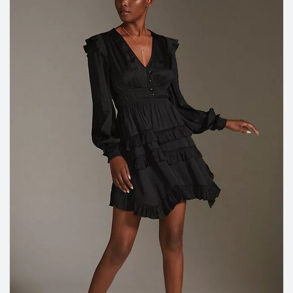 NEW ANTHROPOLOGIE satin tiered mini dress L large - Picture 1 of 4